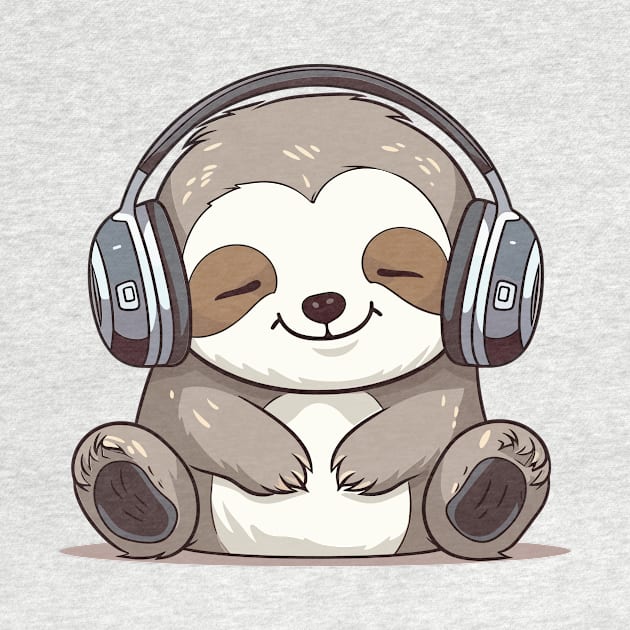 Sloth - Baby Sloth Kawaii Cute, Wearing Headphones, Enjoying The Music by ORENOB